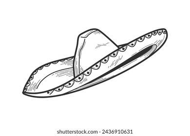 mariachi hat illustration. hand drawn mariachi hat. Sketch of mariachi hat isolated on white background. Sketch of sombrero isolated on white background. Vector illustration.