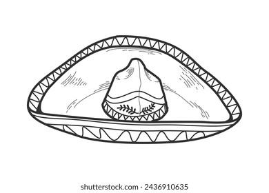 mariachi hat illustration. hand drawn mariachi hat. Sketch of mariachi hat isolated on white background. Sketch of sombrero isolated on white background. Vector illustration.