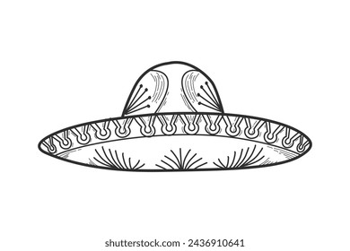 mariachi hat illustration. hand drawn mariachi hat. Sketch of mariachi hat isolated on white background. Sketch of sombrero isolated on white background. Vector illustration.