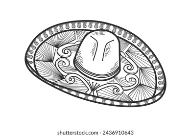 mariachi hat illustration. hand drawn mariachi hat. Sketch of mariachi hat isolated on white background. Sketch of sombrero isolated on white background. Vector illustration.