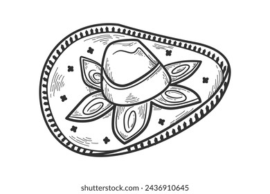 mariachi hat illustration. hand drawn mariachi hat. Sketch of mariachi hat isolated on white background. Sketch of sombrero isolated on white background. Vector illustration.