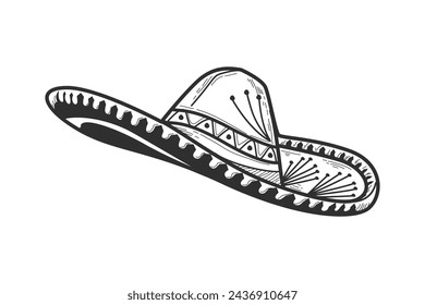 mariachi hat illustration. hand drawn mariachi hat. Sketch of mariachi hat isolated on white background. Sketch of sombrero isolated on white background. Vector illustration.