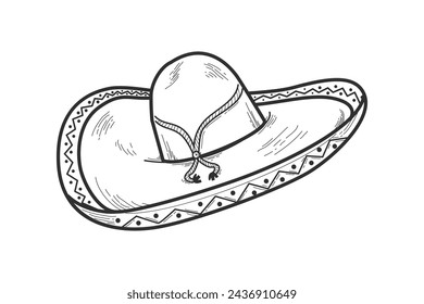 mariachi hat illustration. hand drawn mariachi hat. Sketch of mariachi hat isolated on white background. Sketch of sombrero isolated on white background. Vector illustration.