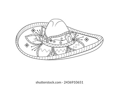 mariachi hat illustration. hand drawn mariachi hat. Sketch of mariachi hat isolated on white background. Sketch of sombrero isolated on white background. Vector illustration.