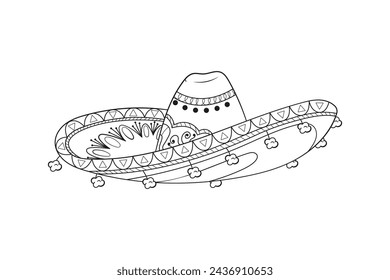 mariachi hat illustration. hand drawn mariachi hat. Sketch of mariachi hat isolated on white background. Sketch of sombrero isolated on white background. Vector illustration.