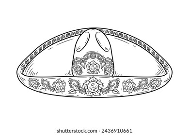 mariachi hat illustration. hand drawn mariachi hat. Sketch of mariachi hat isolated on white background. Sketch of sombrero isolated on white background. Vector illustration.