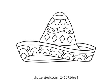 mariachi hat illustration. hand drawn mariachi hat. Sketch of mariachi hat isolated on white background. Sketch of sombrero isolated on white background. Vector illustration.