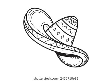 mariachi hat illustration. hand drawn mariachi hat. Sketch of mariachi hat isolated on white background. Sketch of sombrero isolated on white background. Vector illustration.