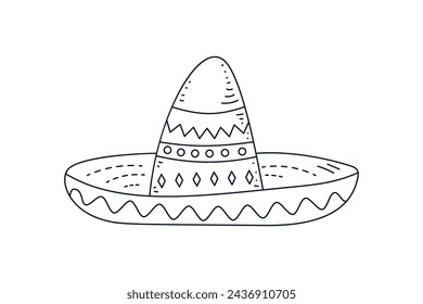 mariachi hat illustration. hand drawn mariachi hat. Sketch of mariachi hat isolated on white background. Sketch of sombrero isolated on white background. Vector illustration.