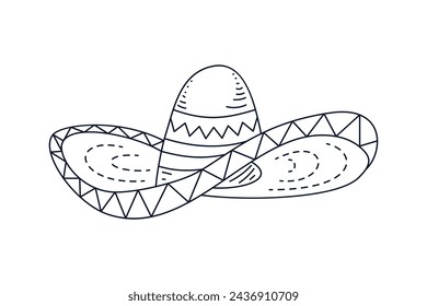 mariachi hat illustration. hand drawn mariachi hat. Sketch of mariachi hat isolated on white background. Sketch of sombrero isolated on white background. Vector illustration.