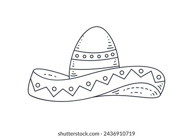 mariachi hat illustration. hand drawn mariachi hat. Sketch of mariachi hat isolated on white background. Sketch of sombrero isolated on white background. Vector illustration.