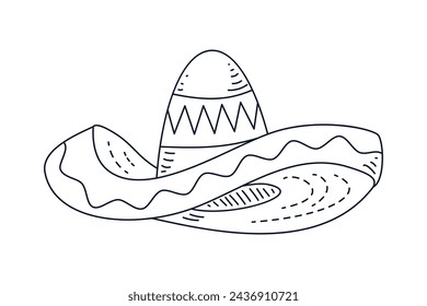 mariachi hat illustration. hand drawn mariachi hat. Sketch of mariachi hat isolated on white background. Sketch of sombrero isolated on white background. Vector illustration.