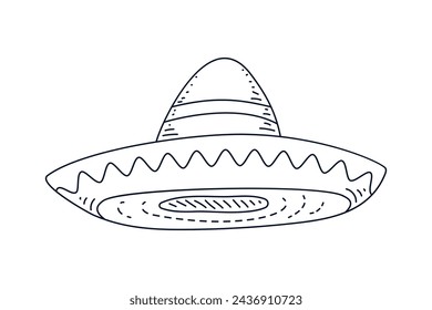 mariachi hat illustration. hand drawn mariachi hat. Sketch of mariachi hat isolated on white background. Sketch of sombrero isolated on white background. Vector illustration.