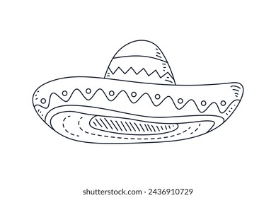 mariachi hat illustration. hand drawn mariachi hat. Sketch of mariachi hat isolated on white background. Sketch of sombrero isolated on white background. Vector illustration.