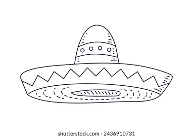 mariachi hat illustration. hand drawn mariachi hat. Sketch of mariachi hat isolated on white background. Sketch of sombrero isolated on white background. Vector illustration.