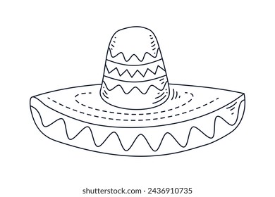 mariachi hat illustration. hand drawn mariachi hat. Sketch of mariachi hat isolated on white background. Sketch of sombrero isolated on white background. Vector illustration.