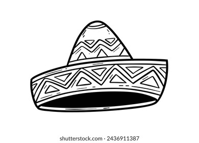 mariachi hat illustration. hand drawn mariachi hat. Sketch of mariachi hat isolated on white background. Sketch of sombrero isolated on white background. Vector illustration.