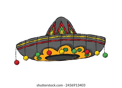 mariachi hat illustration. hand drawn mariachi hat. mariachi hat isolated on white background. Mexican sombrero isolated on white background. Vector illustration.