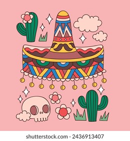 mariachi hat illustration. hand drawn mariachi hat. mariachi hat isolated on white background. Mexican sombrero isolated on white background. Vector illustration.