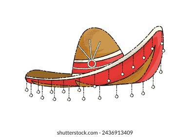 mariachi hat illustration. hand drawn mariachi hat. mariachi hat isolated on white background. Mexican sombrero isolated on white background. Vector illustration.