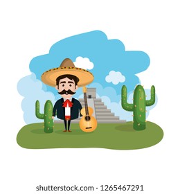 mariachi in the landscape with pyramid