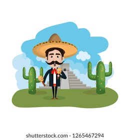 mariachi in the landscape with pyramid