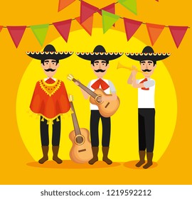 mariachi men with instruments and party banner