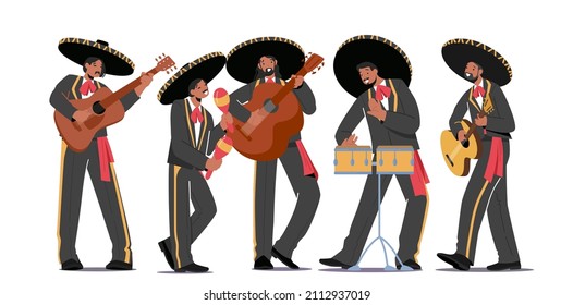 Mariachi Mexican Musicians Band Carnival Performance. Characters Playing Guitar, Drums and Maracas Instruments. Latino Music Band in Sombrero and National Costumes. Cartoon People Vector Illustration