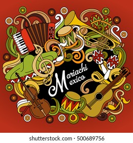 Mariachi Mexico colorful festive background. Cartoon vector hand drawn Doodle illustration. Multicolored bright detailed design with objects and symbols.