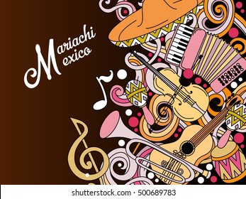 Mariachi Mexico colorful festive background. Cartoon vector hand drawn Doodle illustration. Multicolored bright detailed design with objects and symbols.