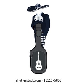 Mariachi musician with guitar case in mariachi traditional costume and sombrero. Vector illustration isolated on white background.