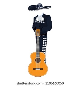 Mariachi-Musiker mit Gitarre in Mariachi traditionellen Kostümen und Sombrero. Vektorillustration einzeln auf weißem Hintergrund.