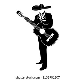 Mariachi musician with guitar in mariachi traditional costume and sombrero. Vector black template on white background.