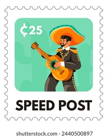 Mariachi musician with guitar, vector stamp illustration.