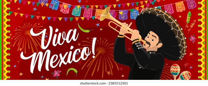 Mariachi-Musiker auf Viva Mexico, mexikanischer Unabhängigkeitstag-Banner, Vektorhintergrund. mexikanisches Feiertagsfest mit mexikanischem Mannschaftsmusiker in Sombrero mit Trompete- oder Papelpikadoflaggen