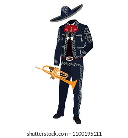 Mariachi musician with trumpet in mariachi traditional costume and sombrero. Vector illustration isolated on white background.