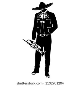 Mariachi musician with trumpet in mariachi traditional costume and sombrero. Vector black template on white background.