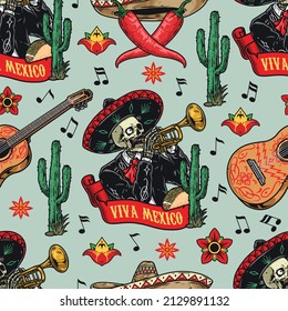 Mariachi musician vintage seamless pattern with one-eyed skeleton in sombrero playing trumpet above taco, cactuse and red ribbon with inscription, vector illustration