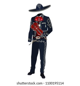 Mariachi musician with violin in mariachi traditional costume and sombrero. Vector illustration isolated on white background.