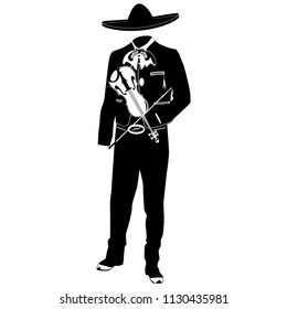 Mariachi musician with violin in mariachi traditional costume and sombrero. Vector black template on white background.