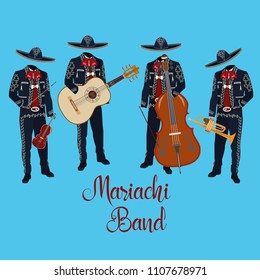 Mariachi musicians with guitar, trumpet, violin, double bass in mariachi traditional costume and sombrero. Mariachi band concept vector flat style design illustration.