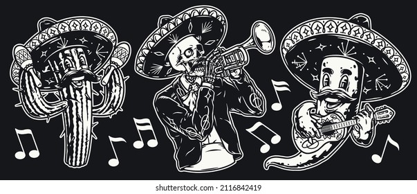 Mariachi musicians monochrome vintage elements of skeleton with one eye playing trumpet, cactus in sombrero shaking maracas, chili peper holding guitar, vector illustration