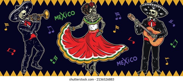 Mariachi performance horizontal colorful banner with skeleton musicians in sombrero and charro outfits playing trumpet and guitar, dancing woman, vector illustration