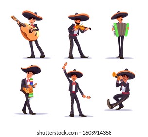 Mariachi Singer. Mexican musicians mariachi vector set, with guitar and maracas, trumpet and violin. Mexican carnival musicians. Mariachi band playing instruments at a wedding, mexico city characters.