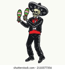 Skelettmusiker von Mariachi im Charro-Outfit und Sombrero-Maracas bei mexikanischer Feier, Vektorgrafik