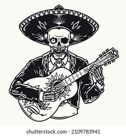Mariachi skeleton musician with one eye wearing charro outfit playing guitar in monochrome vintage style, vector illustration