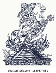 Mariachi skeleton wearing sombrero and playing guitar. Mesoamerican mythology. Mayan pyramid, tattoo concept. Mexican art 