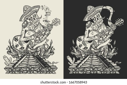 Mariachi skeleton wearing sombrero and playing guitar. Mesoamerican mythology. Mexican art. Template for clothes, covers, emblems, stickers, poster and t-shirt design 