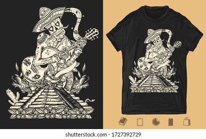 Mariachi skeleton wearing sombrero and playing guitar. Mesoamerican mythology. One color creative print for dark clothes. T-shirt design. Template for posters, textiles, apparels 