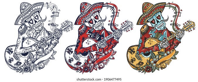 Mariachi skeleton wearing sombrero and playing guitar. Mexican culture. Old school tattoo vector art. Hand drawn cartoon character set. Isolated on white. Traditional tattooing style 